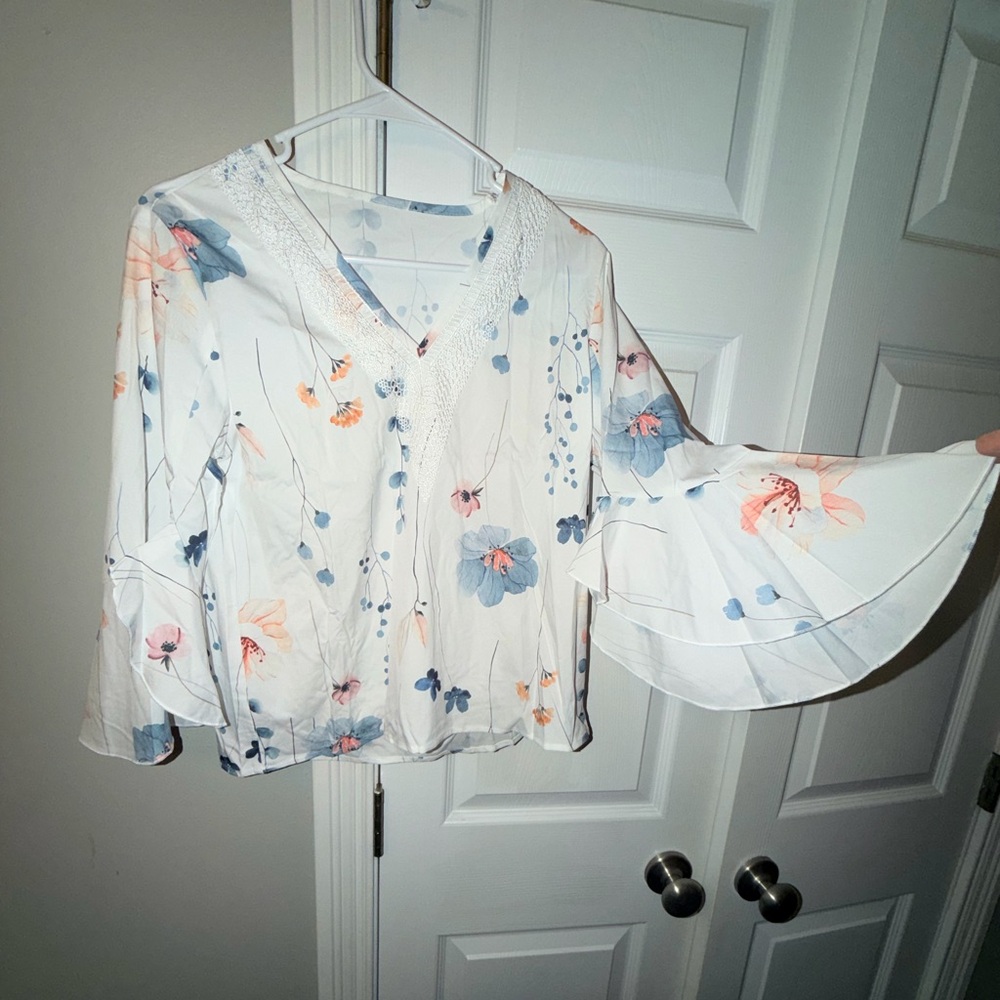 SHEIN White and Blue Floral Bell Sleeve Blouse